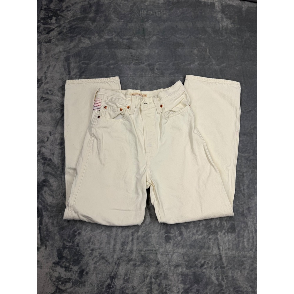 Levis Ribcage Straight Ankle Jeans Cream Off White High Rise Size 27
